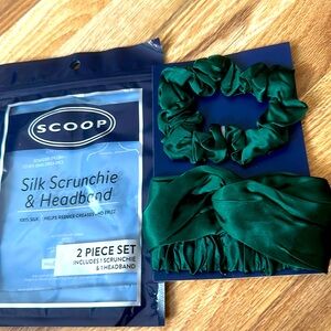 100% Silk scrunchie and headband green